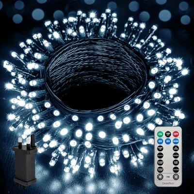Image of Desiretech Christmas Tree Lights 20m 200 LED Outdoor Waterproof Plug in String Lights, Remote Control, 8 Modes, Timer, Dimmable Cool White for Indoor &amp; Decorations