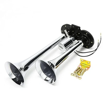 Image of flexzon 12V 24V Double Twin Air Horn Chrome Plated Trumpet Truck Lorry Bus Boat NEW