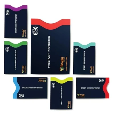 Image of Boxiki Travel RFID Blocking Sleeves, Set with Color Coding Identity Theft Prevention Envelopes (Set of 6 Credit Card Sleeves + 1 Passport Sleeve) (Navy Blue)