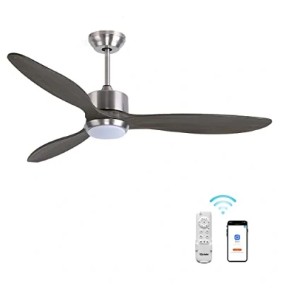Image of Ovlaim Quiet DC Motor 132CM Solid Wood Ceiling Fan with Light Remote Control, 3 Blade Propeller Modern Smart Fans, Gray