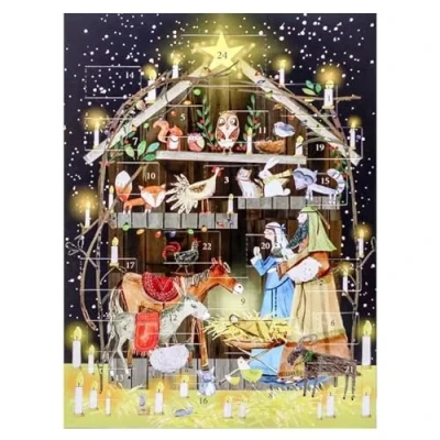 Image of Christmas Card Advent Calendar with Red Envelope (Nativity Animals)
