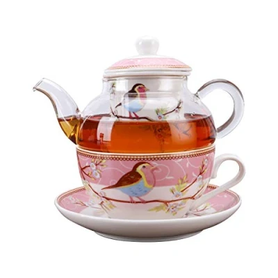 Image of fanquare Pink Robin Birds and Flowers Tea for One Set, Ceramic Cup Saucer Set with Glass Teapot,