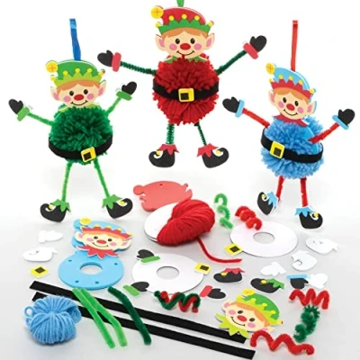 Image of Baker Ross FE965 Christmas Elf Pom Kits Pack of 3, Crafts, Decorations for Children to Make, Decorate and Display, Creative Activities Kids, Elf, Blue,Green,Red