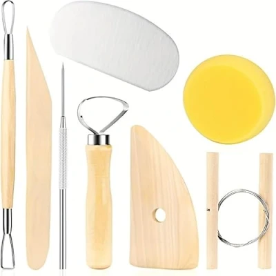 Image of 8 Pcs Pottery Sculpting Tool Set, Wood and Metal Clay Modeling Complete Set Beginners Ceramic Tools for Pottery, Ceramics Sculpture, Carving Design