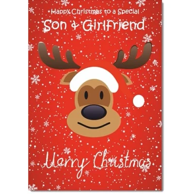 Image of doodlecards Son and Girlfriend Christmas Card Rudolph on Red Background Medium Size for &amp; with Plain Envelope