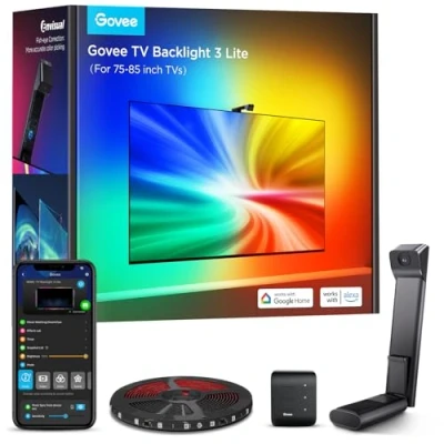 Image of Govee TV Backlight 5m, 3 Lite with Fish Eye Correction Function Sync to 75 85 Inch TVs, RGBICW Wi Fi LED Camera, 4 Colours in 1 Lamp Bead, Voice and APP Control, Adapter