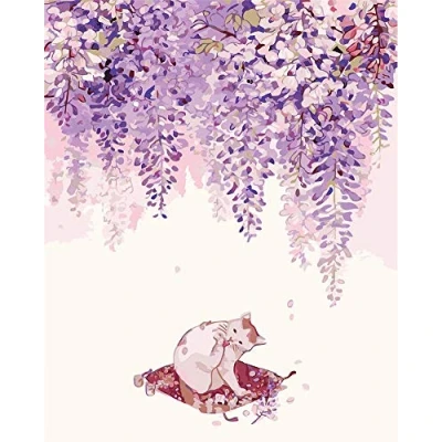 Image of Awesocrafts Paint by Numbers Kits, Spring Purple Wisteria Flowers, Cute Cat Number Painting for Adults and Kids 16x20 inch Framed (Cat, Framed)