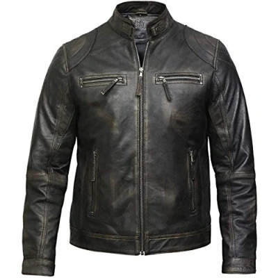 Image of BRANDSLOCK Mens Genuine Leather Biker Jacket Vintage Crinkle Retro (L, 5003 Ro)