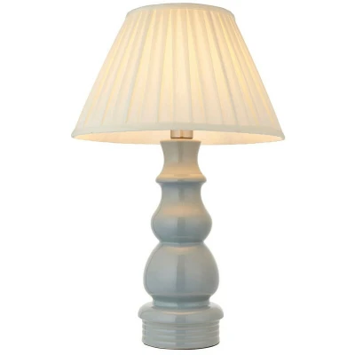 Image of Provence &amp; Carla Base Shade Table Lamp Blue Grey Glaze, Satin Nickel Plate Cream Fabric