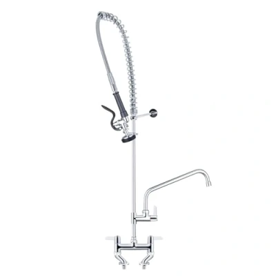 Image of MOOTACO Commercial Kitchen Pre Rinse Spray Tap, Adjustable Foot 12“ Double Pedestal Pull Out Flexible Hose Sink Wall Mount Tap(4 8inch Center)
