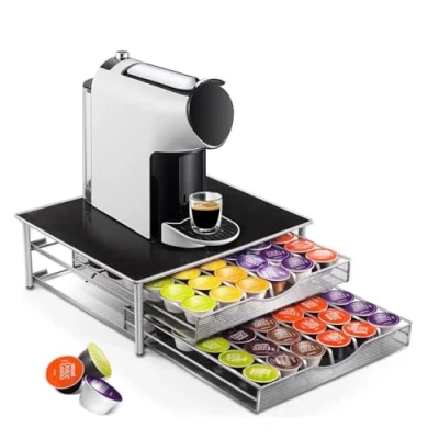 Image of MASTERTOP Coffee Pod Holder for Dolce Gusto, 2 Tier Storage Drawer, Machine Stand with 72 Capsule Non Slip Organiser Kitchen, Send 1 Cleaning Cloth