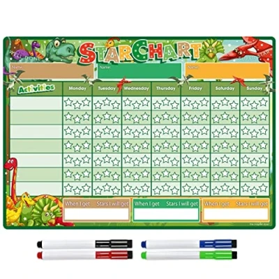 Image of TMS Magnetic Reward Chart for Children Star Recognising and Inspiring Good Behaviour in Toddlers, Kids, Boys Girls Comes with 4 Coloured Dry Wipe Pens (Dinosaurs)