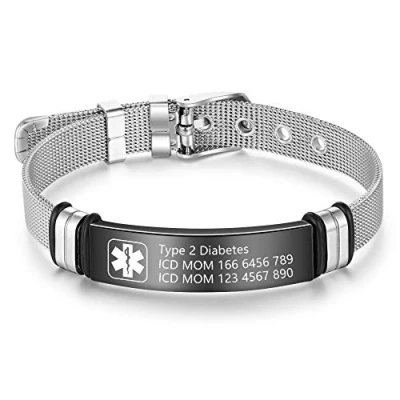 Image of Personalised Medic Alert Bracelet for Women Stainless Steel Adjustable Band Emergency Medical Mens Bracelets Official ID Wristband with Badge Customised Engrave Health Informaiton