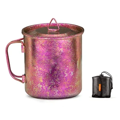 Image of TiTo Titanium Cup Camping Tea Coffee Water Mug Ultralight Portable Cookware 450ml Foldable Handle Pot with Lid for Outdoor Backpacking Hiking Picnic Drinkware Open Fire (Rose Red)
