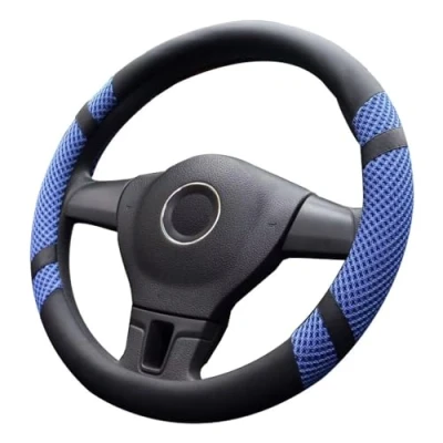 Image of Pahajim Car Steering Wheel Covers PU Leather Ice Silk Breathable Anti Skid Sporty Curves Sleeve Protector for Men Women (Blue)
