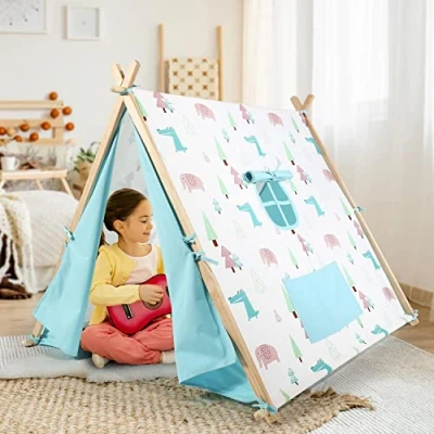 Image of SOKA Camping Countryside Teepee Tent for Kids Children Boys Girls Toddler Indoor Outdoor Foldable Play Tipi Cotton Canvas Dinosaur Playhouse Bedroom Garden Camp Beach