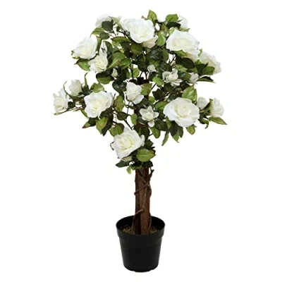 Image of GreenBrokers Artificial White Rose Tree 60 Flowers 90cm/3ft, Faux Silk