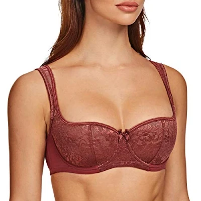 Image of MELENECA Women&#039;s Balconette Bra with Padded Strap Half Cup Underwire Sexy Lace Cabernet Red 40DD