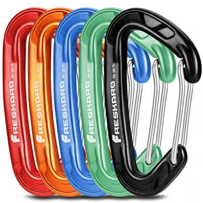 Image of FresKaro 5pcs Carabiner Clips, caribeener clip Heavy Duty, Small Sturdy Key Keychain Accessory, Spring Snap Wire gate Hook, 8kN 816kg, for Hiking, Camping, Not Climbing, Mini Size (Rainbow)