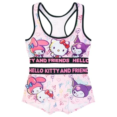 Image of Hello Kitty womens Sports Bra &amp; Boy Short Underwear Sets With Kuromi, Melodi, Keroppi More in Xxxs xl, 2 pack Hk Friends, XXX Small