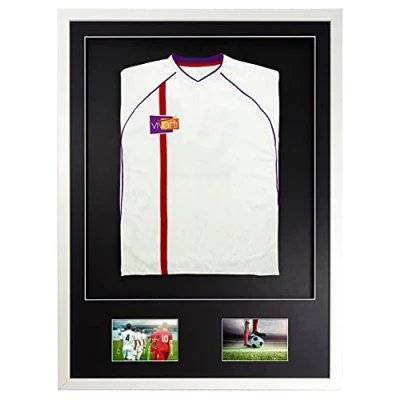 Image of Vivarti DIY Junior 3D Mounted + Double Aperture Sports Shirt Display Frame for Football Shirt, Rugby Band T Shadow Box A1 59.4 x 84cm White Frame, Black Mount, Backing Card