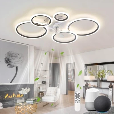 Image of KeLuKes Ceiling Fan with Light Compatible Alexa and Google Assistant, 100cm Living Room Light, Silent Timer Dimmable Reversible Ring Fans Lamps, Black