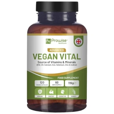 Image of Vegan Vital Multivitamins and Minerals 120 Multivitamin Capsule Calcium, Vitamin B12, B2, D3, Selenium, Iodine, Zinc &amp; Iron by Prowise Healthcare
