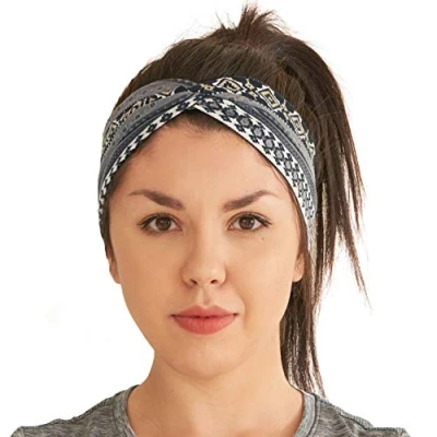 Image of Boho Turban Headbands for Women Cotton Stretchy Head Wraps Criss Cross Twist Hair Band Bohemian Ottoman Print Hairband Grey
