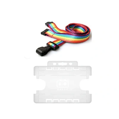 Image of ID Card It Rainbow Lanyard Neck Strap with Safety Breakaway and Strong Clip Pass Badge Holder for Work, Office, NHS, Pride (Plastic Clear Double)