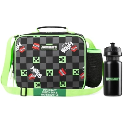 Image of Minecraft Insulated Lunch Bag for Kids Creeper School Travel Days Out (Black/Green)