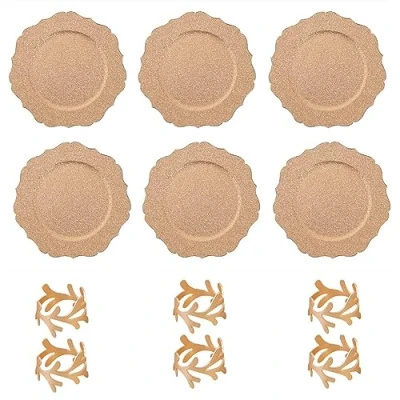 Image of Set Of 6 Charger Plates And Napkin Rings Gold Glittery Matte Xmas Dinner Party Wedding Birthday New Year Luxury Serviette Holders