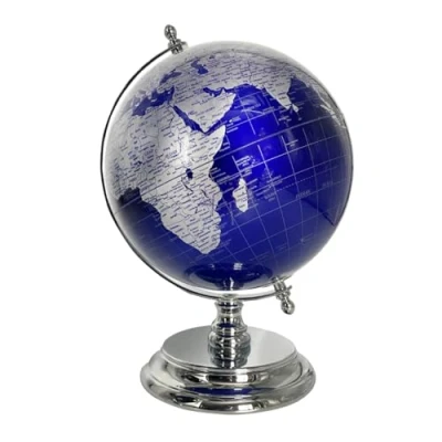 Image of Gleneagles Travel Globe Silver &amp; Blue 25cm. LED Cool White Switch Activated World Light Up. Map Geo Lamp. Planet Of The Desk Decor. Home Office Gadgets For Men.