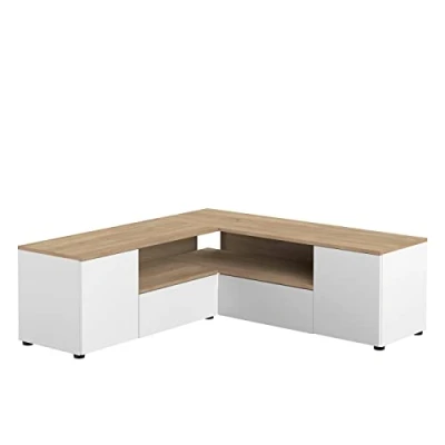 Image of Temahome Corner TV Unit, 130 x 45 cm, Chipboard Melamine, White and Oak, 130x130x45cm