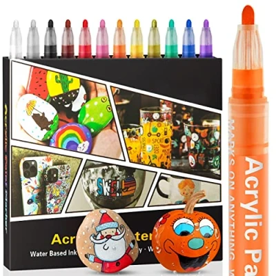 Image of Droaful Acrylic Paint Pens Markers 12 Color Christmas Gfits for Rock Painting, Stone, Ceramic, Glass, Wood, Fabric, Canvas, Porcelain, Metal, Long Lasting,Strong Covering,Non Toxic