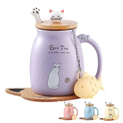 Image of Cat Mug Cute Ceramic Coffee Cup with Lovely Kitty lid Stainless Steel Spoon,Novelty Morning Tea Milk Gifts Christmas Birthday For Women Purple Lovers Presents