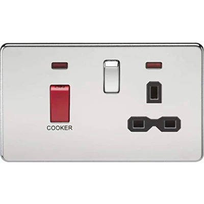 Image of KnightsBridge 2G 45A DP 230V Screwless Polished Chrome Switch With Neon and Socket Black Insert