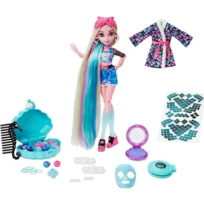 Image of Monster High Doll, Lagoona Blue Spa Day Set with Wear and Share Accessories Like Hair Clips, Chalk Tattoos (HKY69)