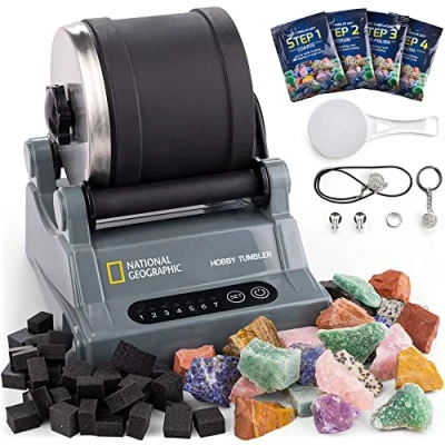 Image of National Geographic Hobby Rock Tumbler Kit Polisher for Kids &amp; Adults, Durable Noise Reduced Barrel, Rocks, Grit New GemFoam a Shiny Finish, Cool Toys, Great STEM