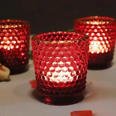 Image of Vohocandle Red Tealight Candle Holder with Gold Rim Set of 12, Glass Tea Lights for Christmas, Holiday and Dating Décor, Votive Holders Table Centerpiece,