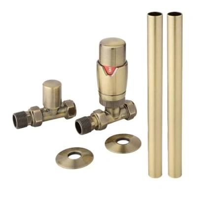 Image of Milano Modern Brushed Gold Straight Heated Towel Rail Radiator Thermostatic Lockshield Valve and Pipe Connector Kit