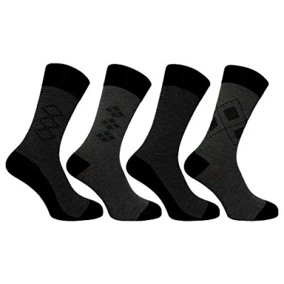 Image of Flexitop Men&#039;s Bamboo stripe/ argyle design Socks with hand link toe 4 Pairs U.K. Size 6 11 grey mix FL125