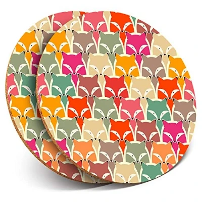 Image of 2 x Round Coasters Colourful Fox Pattern Foxes Wildlife Cork Backed Home Kitchen Accessory Tea Coffee Mug Mat #44663