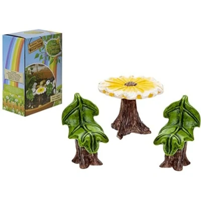 Image of Magical Secret Fairy Sunflower Table &amp; Leaf Chairs Set 3.5 cm x 7 (3 Piece Set) Enchanting Miniature Garden Accessory Perfect for Lovers Collectible Enthusiasts