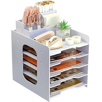 Image of PLSOPPKG Letter Tray Desk Organiser, A4 Paper Filing Tray, 5 Tier For Office Desk, File Document Holder with Stackable Trays, Tidy Organiser Pen Holder, White