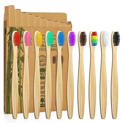 Image of 10 Color Bamboo Toothbrushes Multipack Soft Bristles Wooden Toothbrush for Adult Premium BPA Free Vegan Eco Friendly, Plastic Free, Biodegradable &amp; Compostable Charcoal Manual