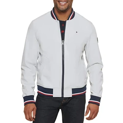Image of Tommy Hilfiger Men&#039;s Lightweight Varsity Rib Knit Bomber Jacket, Ice Soft Shell, XXL