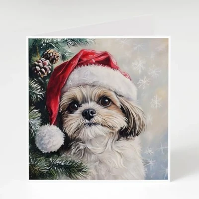 Image of shih tzu Christmas Cards Pack of 5, cute next to a tree, printed on 300gsm card