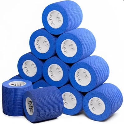 Image of Inksafe Blue Self Adherent Cohesive Bandages 5cm x 4.5m Box of 12 Uses Include Tattoo Grip Wrap, Vet Tape for Wrist and Ankle Sprains