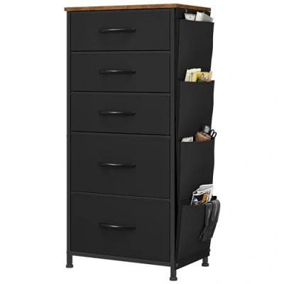 Image of YITAHOME Chest of Drawers, Dresser with side pockets &amp; hooks, Fabric 5 Drawers Handles, Metal Frame, Wood Top, for Bedroom,Living Room,Nursery Room,Hallway, Black