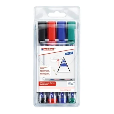 Image of edding 363 whiteboard marker set multi coloured 4 pens chisel nib 1 5 mm pen dry wipe for whiteboards, flipcharts, magnetic, memo boards sketchnotes refillable
